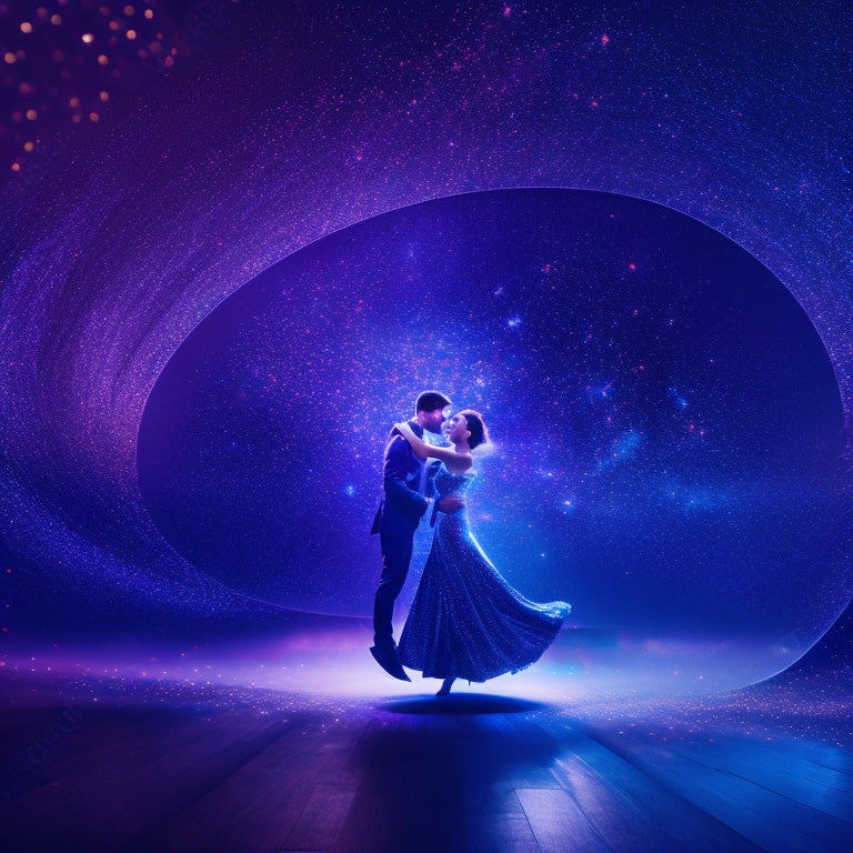 A stylized, swirling vortex of glittering stars and shimmering dance floors, with silhouettes of elegant dancers in various poses, set against a dark blue and purple ombre background.