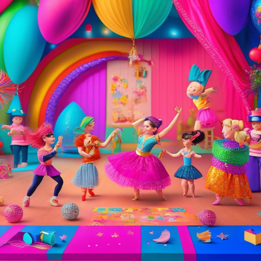 A colorful, whimsical illustration featuring a mix of dancing figures, craft supplies, and creative projects, with fabric, glitter, and ribbons scattered around a vibrant dance studio background.