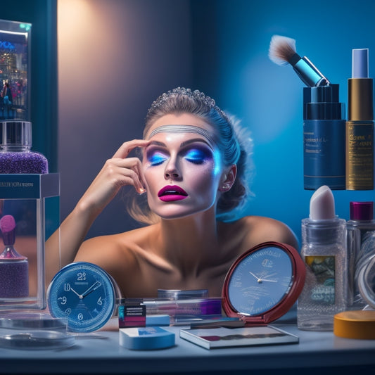 A panicked dancer, surrounded by scattered makeup products, stares at a mirror reflecting a smudged, uneven face, while a clock in the background ticks away, with a few quick-fix tools nearby.