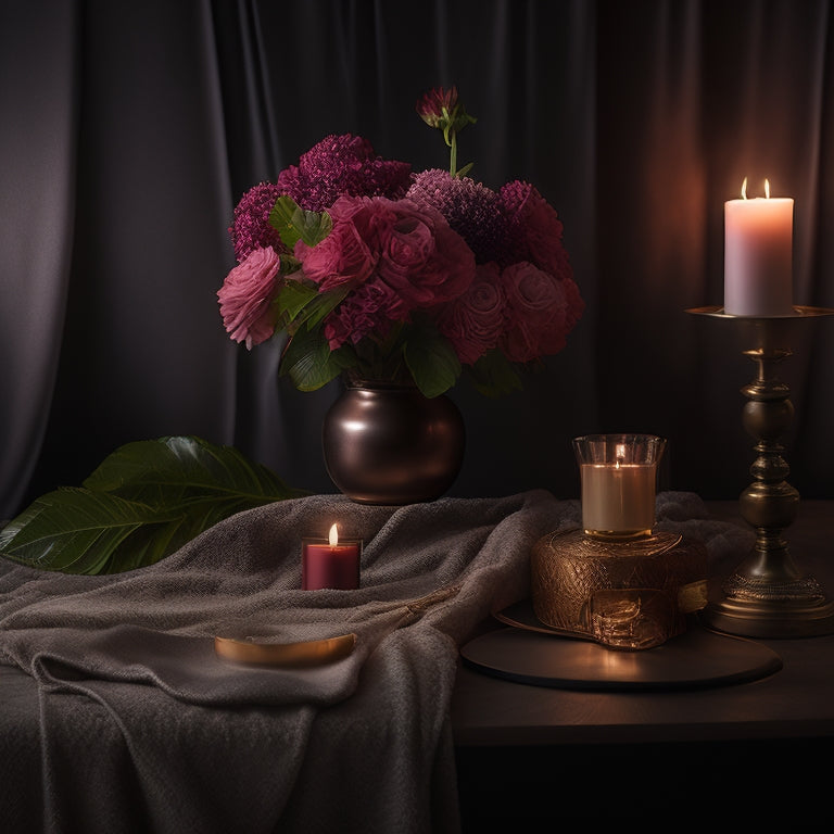 A dimly lit, intimate studio setting with soft, warm lighting, a plush velvet backdrop, and a minimalist props arrangement, evoking a sensual and romantic atmosphere.