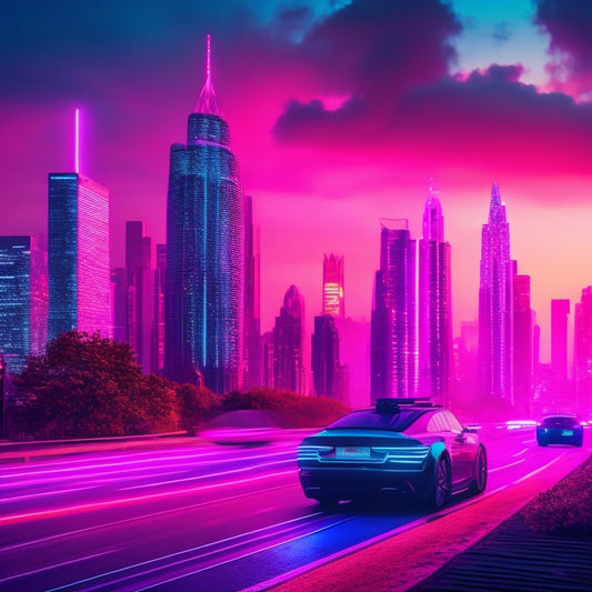 A futuristic, neon-lit cityscape at dusk, with sleek skyscrapers, glowing holographic advertisements, and levitating cars, set against a vibrant purple and pink ombre sky.