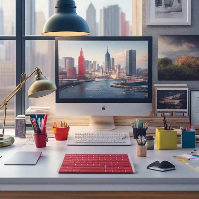 A minimalist illustration depicting a modern studio workspace with a large desk, a laptop, and a few scattered papers, surrounded by colorful art supplies and a subtle cityscape background.