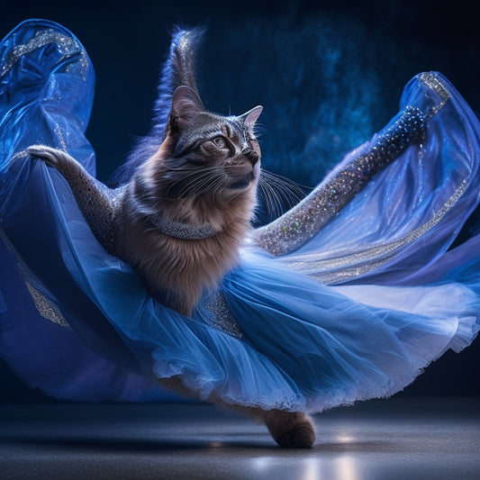 A dancer in a flowing, iridescent costume, posed in a graceful, feline-inspired stance, surrounded by subtle, swirling patterns evoking a cat's whiskers, on a dark, gradient blue background.