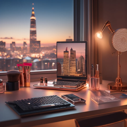 A glamorous, spotlight-lit makeup station with a laptop, phone, and beauty products surrounding a sleek, rose-gold makeup brush, with a subtle cityscape or dance-themed backdrop.