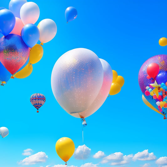 A bright blue sky with a cluster of colorful balloons in various shapes and sizes, tied to a sleek, silver branded helium tank, surrounded by subtle, shimmering confetti.