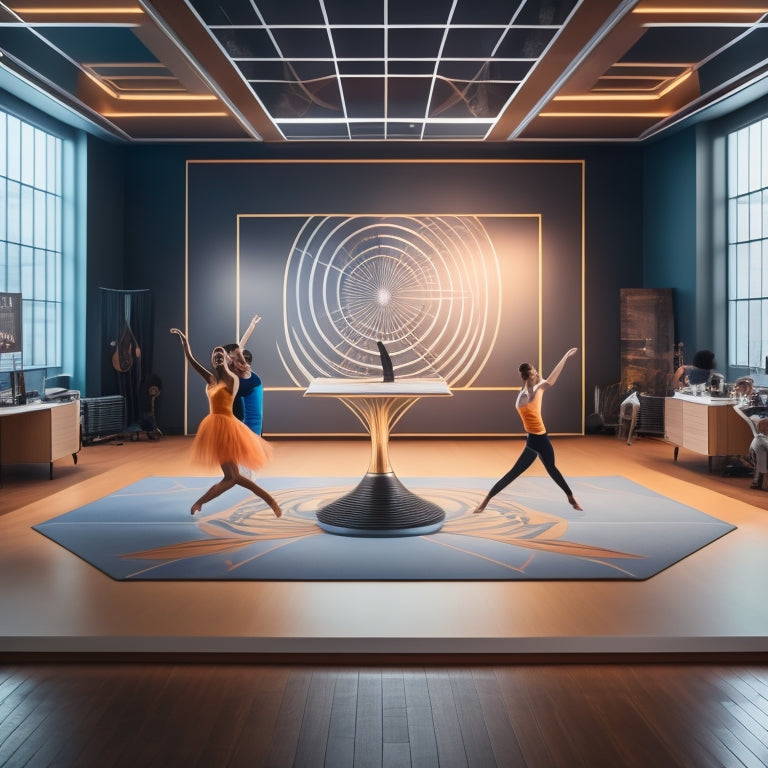 A stylized illustration of a dance studio with a subtle grid background, featuring a central desk with a tablet and a dancer in motion, surrounded by swirling shapes and lines symbolizing organization and harmony.