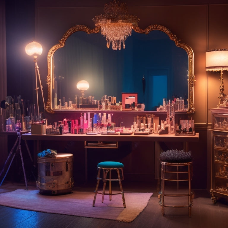 A glamorous, dimly lit makeup station with various brushes, palettes, and mirrors, surrounded by dance-inspired elements like pointe shoes, tutus, and a ballet barre in the background.