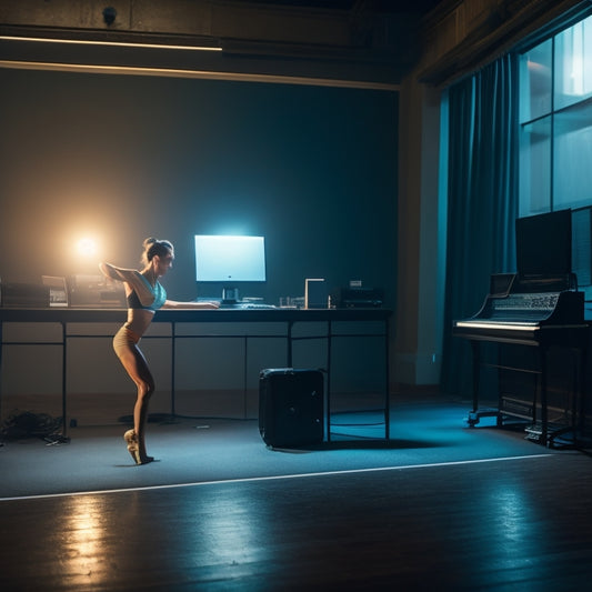 A dimly lit dance studio with a lone dancer in mid-pose, surrounded by scattered music notes, headphones, and a laptop with a playlist open on the screen, amidst a subtle aura of concentration.