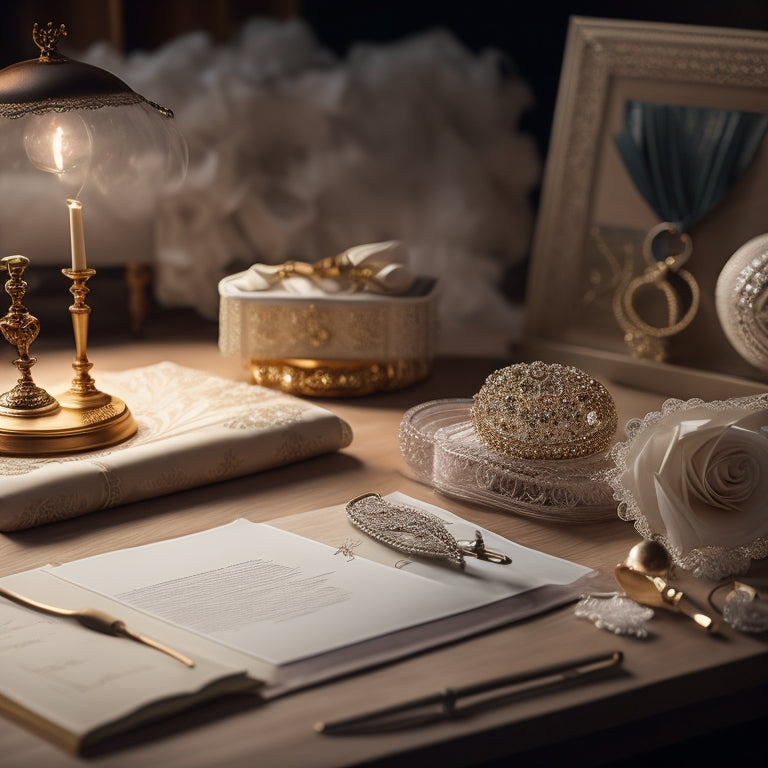 A warm, golden-lit scene featuring a elegant wedding planner's desk, adorned with a delicate lace veil, a vintage-inspired wedding dress form, and various planning tools and decorations.