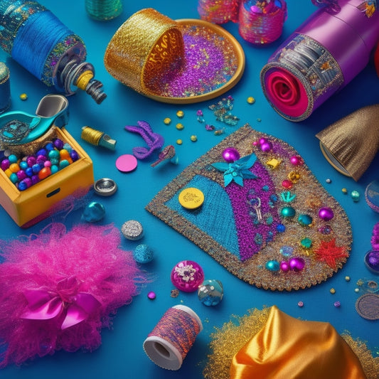 A colorful, whimsical illustration of various DIY costume embellishments, including sequins, rhinestones, glitter, and beads, scattered around a sewing machine and threads, with a few incomplete costumes in the background.