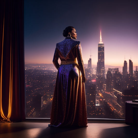 A spotlight shines on a confident performer, dressed in a bold, sparkling costume, standing in front of a darkened theater, with a city skyline visible through the background curtains.