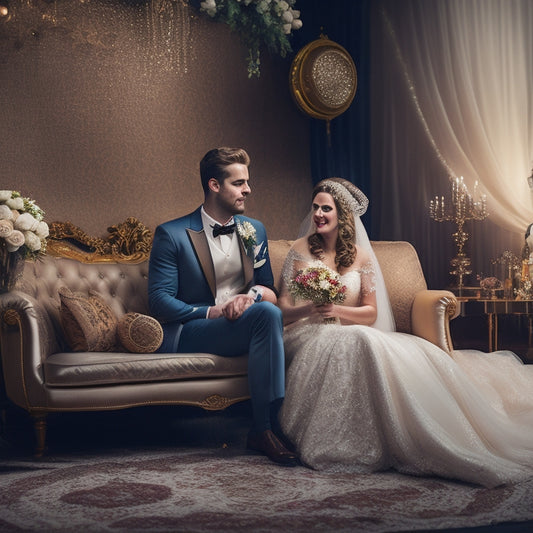 A warm, golden-lit illustration of a bride and groom sitting on a plush, velvet couch, surrounded by scattered wedding veils, flowers, and microphones, with a vintage-style radio in the background.