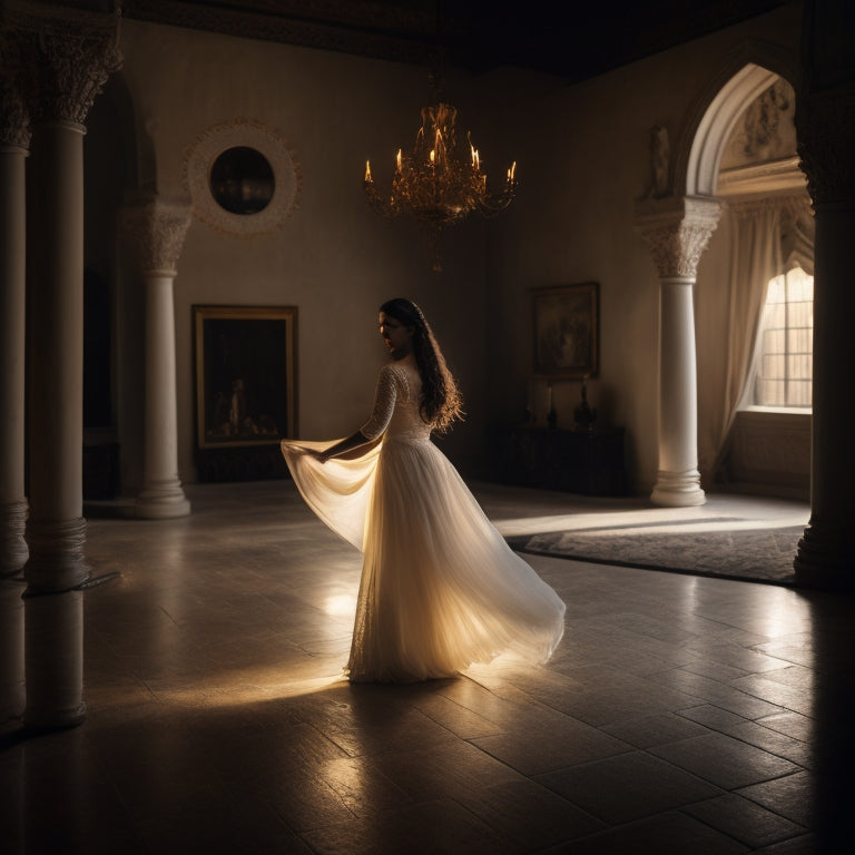 A serene, dimly lit room with a lone dancer in a flowing white dress, surrounded by candles, with a subtle Middle Eastern-inspired pattern on the walls, lost in a hypnotic dance movement.