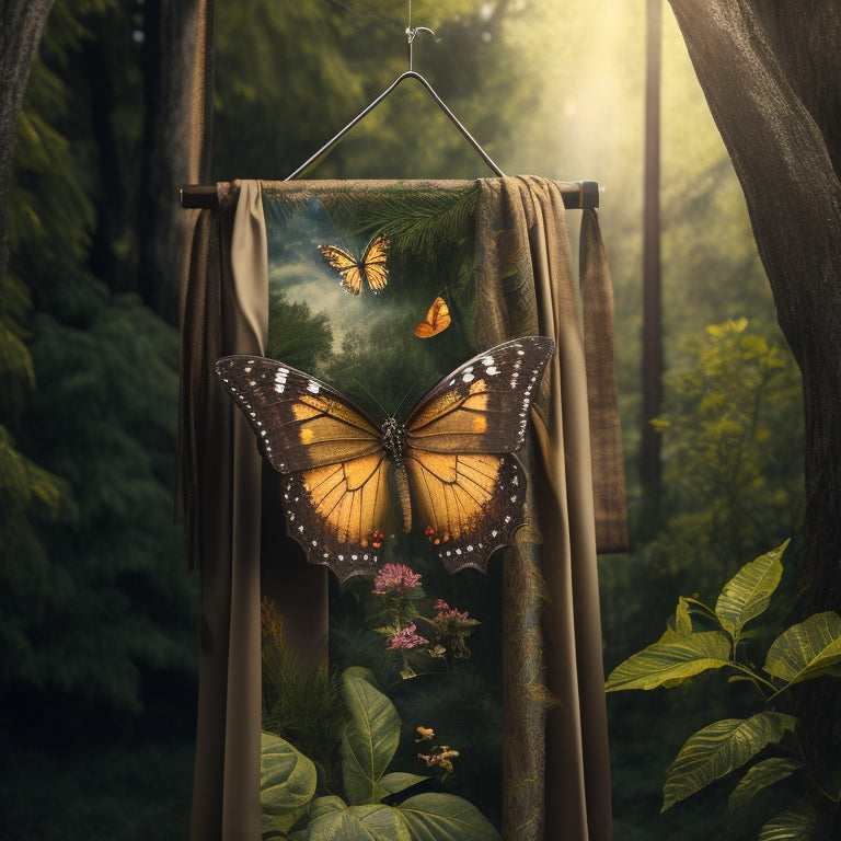 A nostalgic, vintage-inspired illustration depicting a garment bag hanging on a wooden clothesline, surrounded by lush greenery and fluttering butterflies, with subtle, golden lighting.
