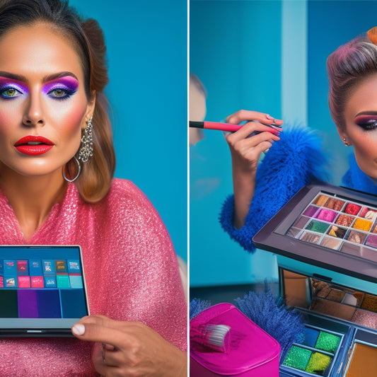 A split-screen image featuring a frazzled makeup artist surrounded by scattered makeup products and brushes on one side, and a calm, organized artist with a tablet and digital product library on the other.