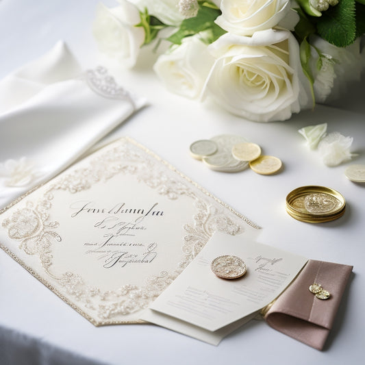 A delicate, white wedding invitation with a subtle sparkle, placed on a elegant, lace-covered tablecloth, surrounded by scattered rose petals and a few strategically-placed, shiny coins.
