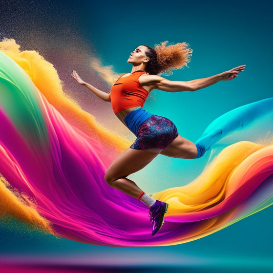 A vibrant, dynamic illustration featuring a strong, athletic woman in motion, leaping or twirling, surrounded by swirling shapes and colors evoking energy, freedom, and empowerment.