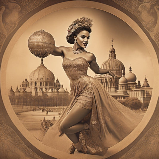 A vintage-style, sepia-toned illustration depicting Katherine Dunham in mid-dance, surrounded by a stylized, curved globe with iconic landmarks and abstract patterns inspired by her global travels.