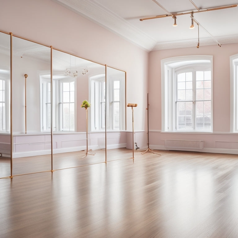 A sleek dance studio interior featuring elegant wall-mounted ballet barres, polished wooden floors, large mirrors reflecting natural light, and soft pastel walls, creating an inspiring and professional atmosphere for dancers.