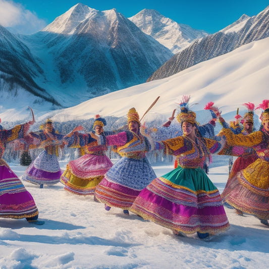 A vibrant illustration of 313 traditional dancers in colorful costumes, surrounded by snow-capped mountains, with dynamic movement and energy, conveying joy, celebration, and cultural heritage.