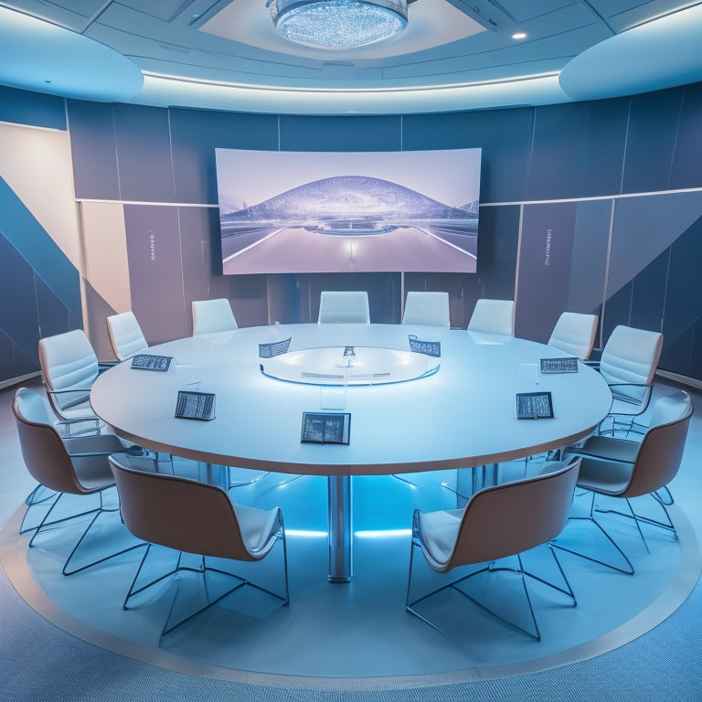 A futuristic conference room with sleek, silver tables and chairs, illuminated by a massive screen displaying a vibrant, geometric presentation template, surrounded by engaged, diverse attendees.