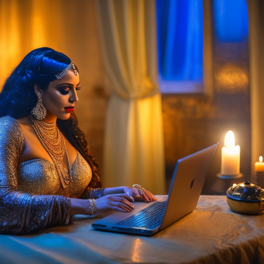 A serene, dimly lit studio with a beautiful, curvy woman in a flowing, shimmering costume, surrounded by veils, practicing elegant belly dance movements in front of a mirror, with a laptop open beside her.