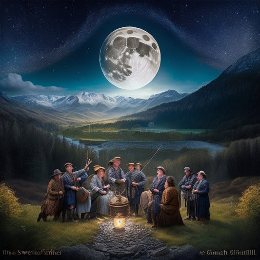 A whimsical illustration featuring the Tannahill Weavers, surrounded by swirling Celtic patterns, amidst a misty Scottish highland landscape with a full moon shining bright in the background.