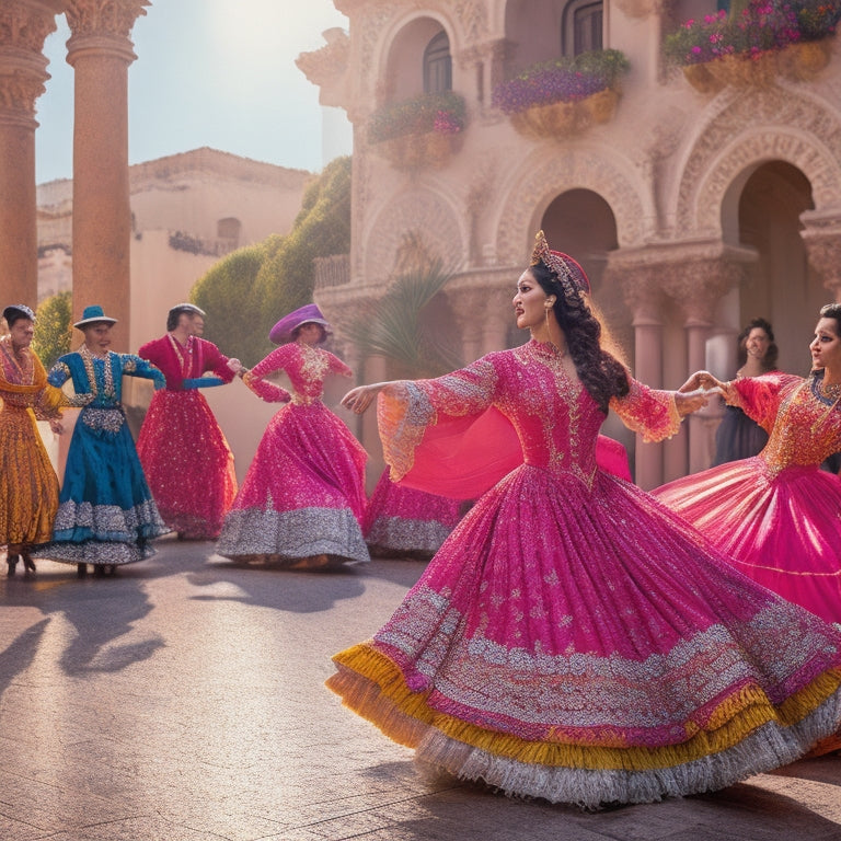 Vibrant illustration of a lively flamenco dance scene: swirling skirts, clicking castanets, and passionate dancers amidst a backdrop of warm, golden Spanish architecture and intricate Moorish tiles.