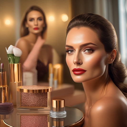A glamorous, confident woman, with flawless, radiant skin, sits in front of a vanity, surrounded by an array of high-end makeup products, with a spotlight shining on her perfectly contoured face.