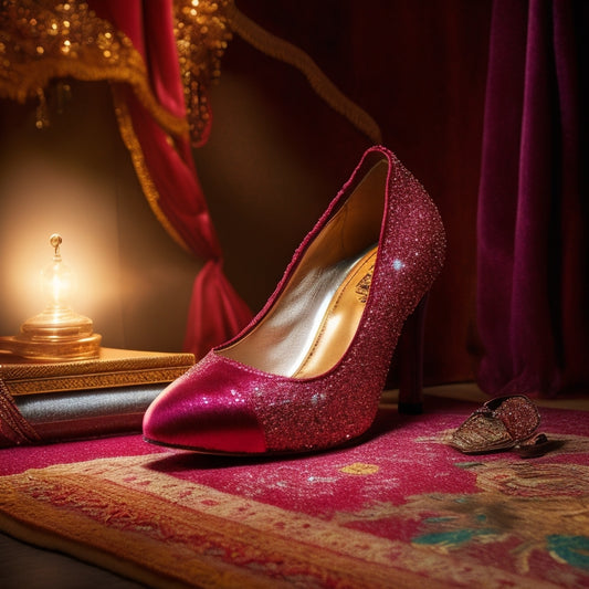 A spotlight shines on a worn, vintage-style dance shoe, adorned with a single, sparkling diamond, surrounded by faded photographs and torn, glamorous costumes, set against a rich, red velvet backdrop.