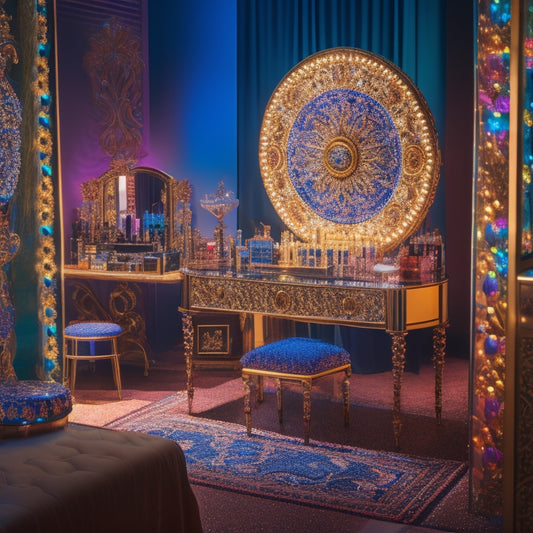 A glamorous, spot-lit dance stage with a vanity in the foreground, surrounded by open makeup cases, brushes, and a few templates with colorful, swirling patterns.