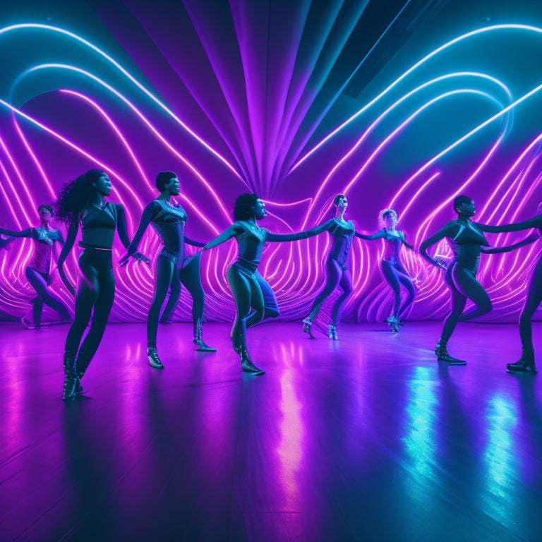 An illustration of a dance team standing in a futuristic, neon-lit studio, surrounded by holographic projections of themselves, with swirling lines and shapes indicating dynamic formations and movements.