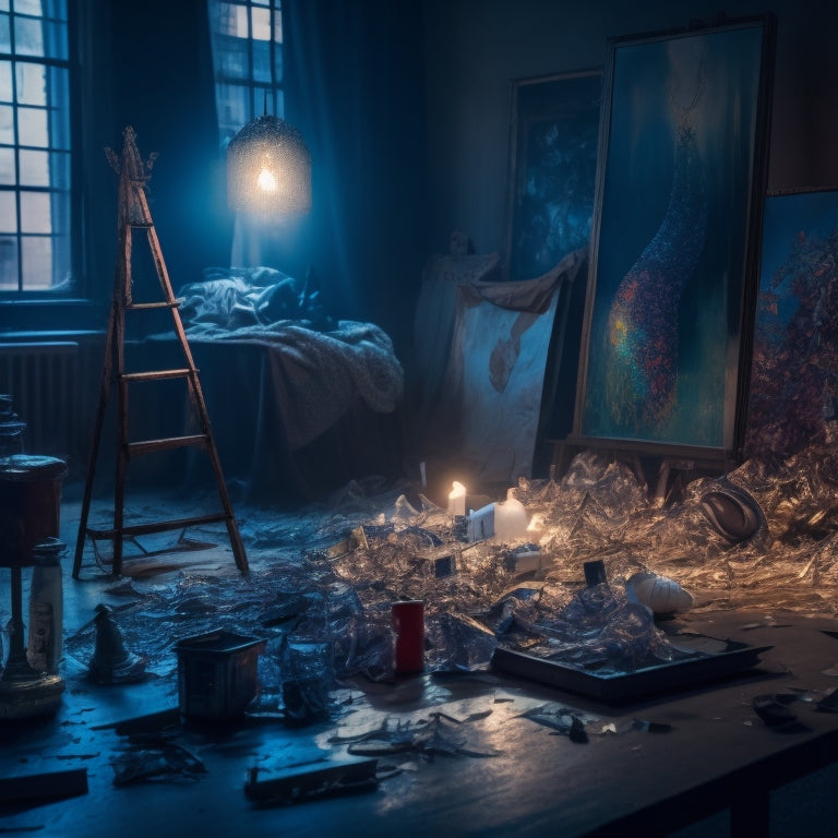 A darkened room with fragmented mirrors, shattered lightbulbs, and cracked masks scattered on the floor, illuminated by a single, dimly lit easel with a vibrant, swirling painting in progress.