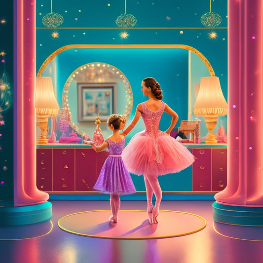 A stylized illustration of a mom watching her daughter perform a perfect pirouette, surrounded by glittering dance trophies, sparkly costumes, and a subtle background of ballet bars and mirrors.