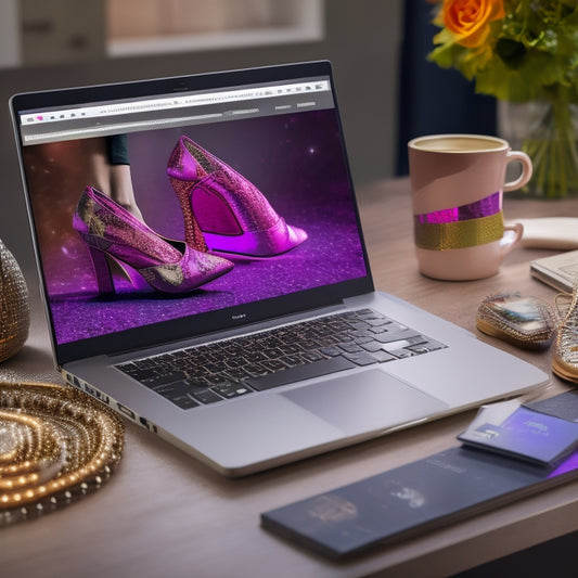 An illustration of a laptop with an open browser window displaying a digital payment dashboard, surrounded by dancing shoes, music notes, and a few scattered dollars.