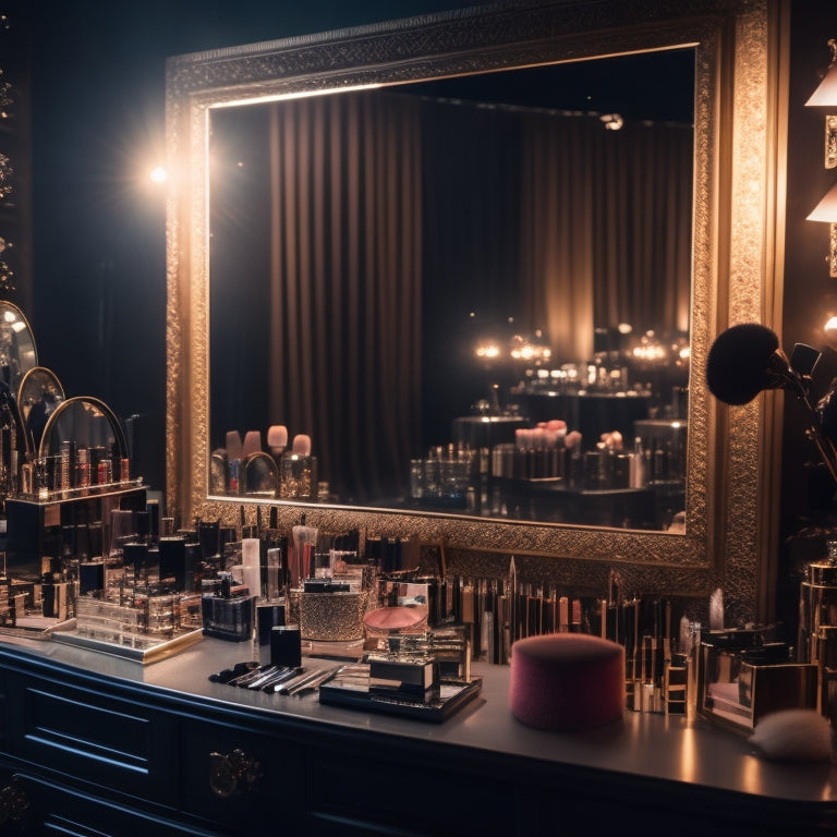 A glamourous, dimly-lit backstage area with rows of vanity mirrors, surrounded by makeup brushes, palettes, and glittering beauty products, with a few glamorous, partially-made-up faces reflected in the mirrors.