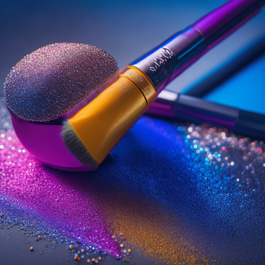 A close-up shot of a makeup brush, a palette of bold, bright eyeshadows, and a few strategically placed rhinestones on a sleek, black background, surrounded by subtle hints of glitter.