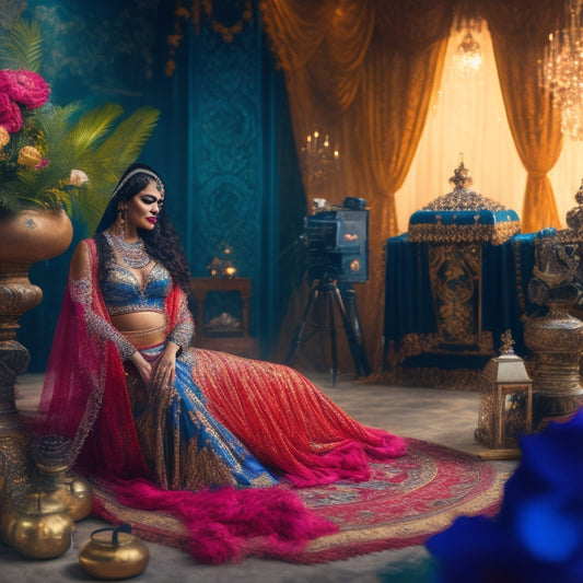 A whimsical illustration of a belly dancer in mid-pose, surrounded by filming equipment, with a subtle Middle Eastern-inspired background, and a few scattered music notes and flowers.