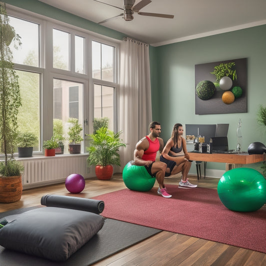 A fit person in a bright, modern home gym, surrounded by exercise balls, resistance bands, and a laptop with a fitness app open, surrounded by green plants and natural light.