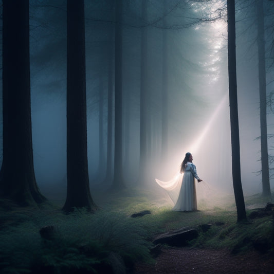 A serene, moonlit forest clearing with misty fog, featuring a lone dancer in flowing white robes, surrounded by glowing, swirling cedar leaves and softly shimmering fairy lights.