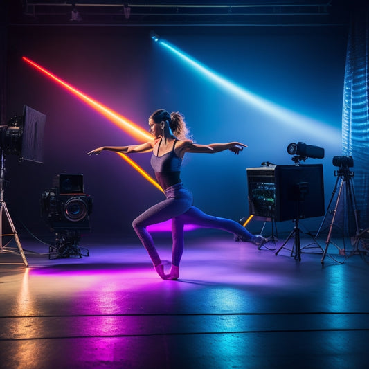 A darkened studio with a dancer in motion, surrounded by camera equipment and laptops with screens displaying editing software, blurred motion lines and colorful light trails.