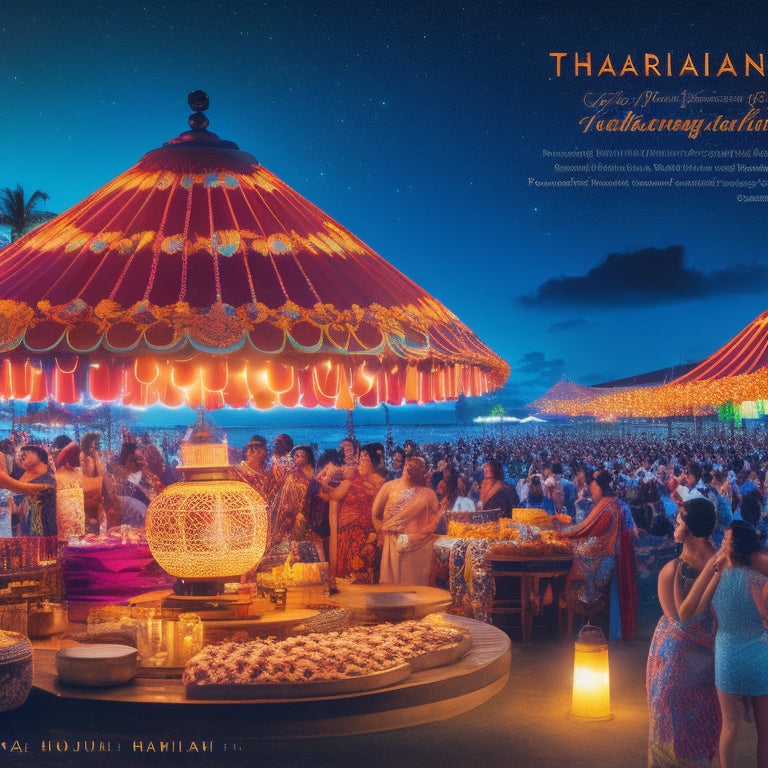 A vibrant illustration of a Hawaiian-inspired food festival at night, featuring colorful lanterns, steaming food stalls, and a majestic bon dance stage with taiko drums under a starry O'ahu sky.