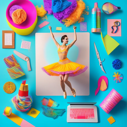 A whimsical illustration featuring a dancing female figure in various poses, surrounded by colorful craft supplies, scissors, and a laptop with a cutting mat, amidst scattered SVG files and dance-themed icons.