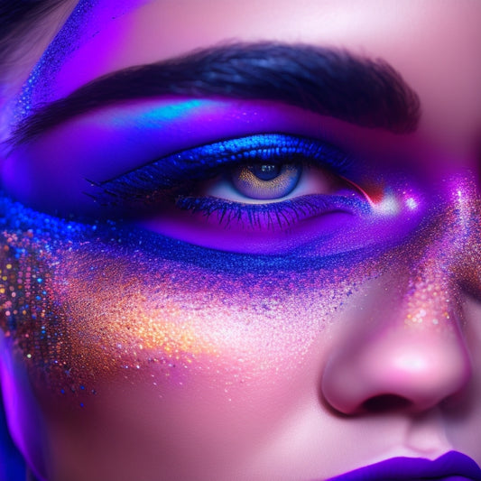 A close-up shot of a dancer's face, illuminated by a spotlight, with bold, neon-colored makeup featuring swirling patterns, glitter accents, and bold eyeliner, against a dark, gradient background.