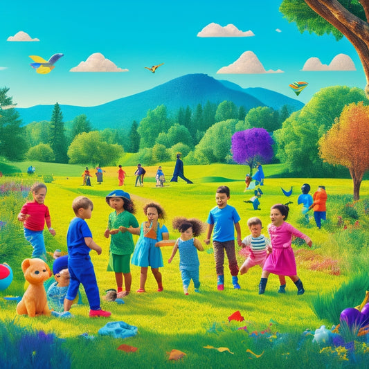 A vibrant illustration depicting a sunny day in Foothills Park, with colorful art pieces and sculptures scattered throughout the lush green grass, surrounded by happy children and adults of diverse ages and abilities.