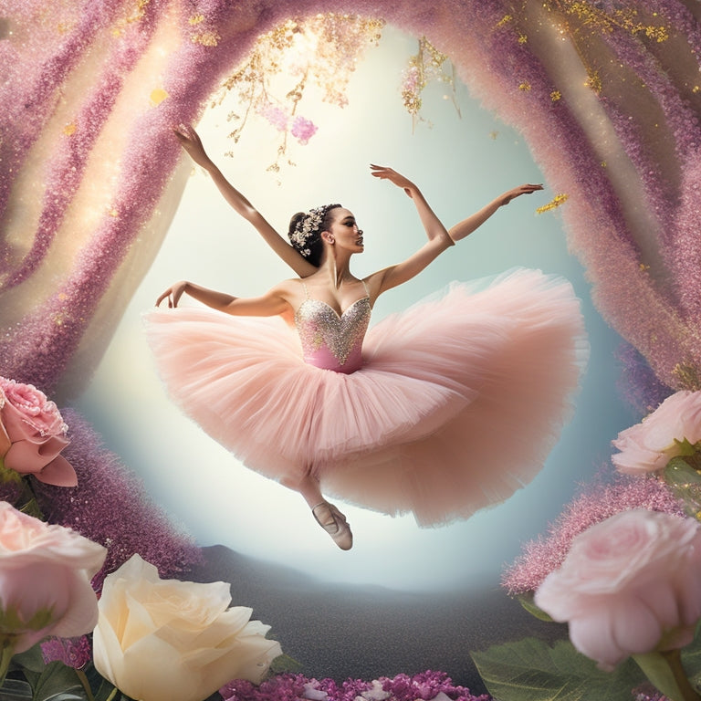 A whimsical illustration of a ballerina in a flowing tutu, surrounded by swirling dance-inspired shapes and delicate florals, set against a soft, pastel-colored background with subtle sparkle accents.