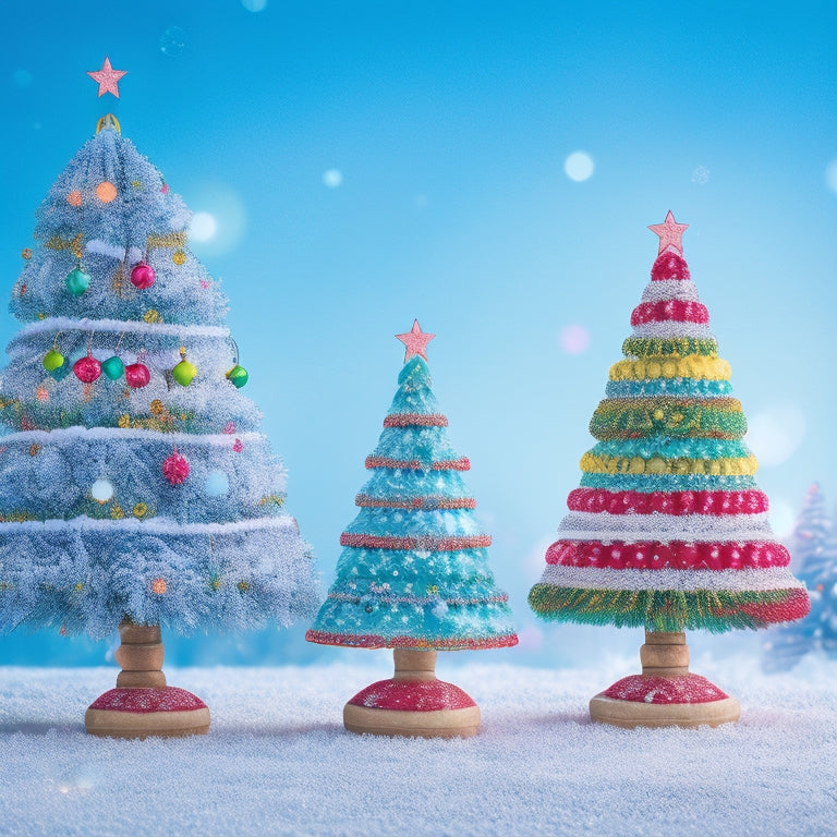 An illustration featuring three whimsical Christmas trees, each adorned with colorful ornaments and lights, dancing in a joyful conga line on a snowy white background.