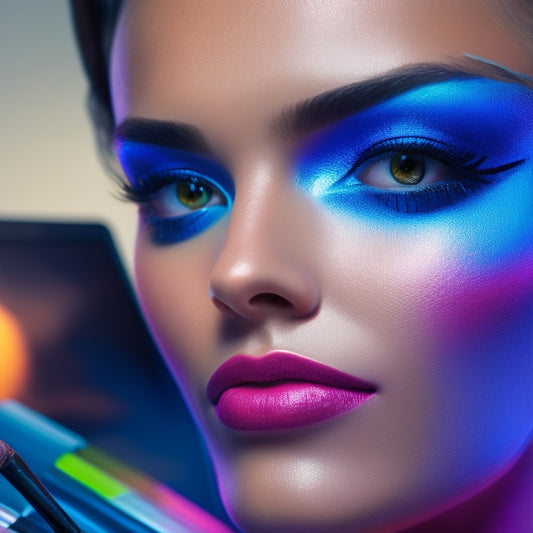 A close-up of a digital tablet displaying a 3D model of a dancer's face, with vibrant, colorful makeup and bold, glowing highlights, surrounded by scattered makeup brushes and digital art tools.