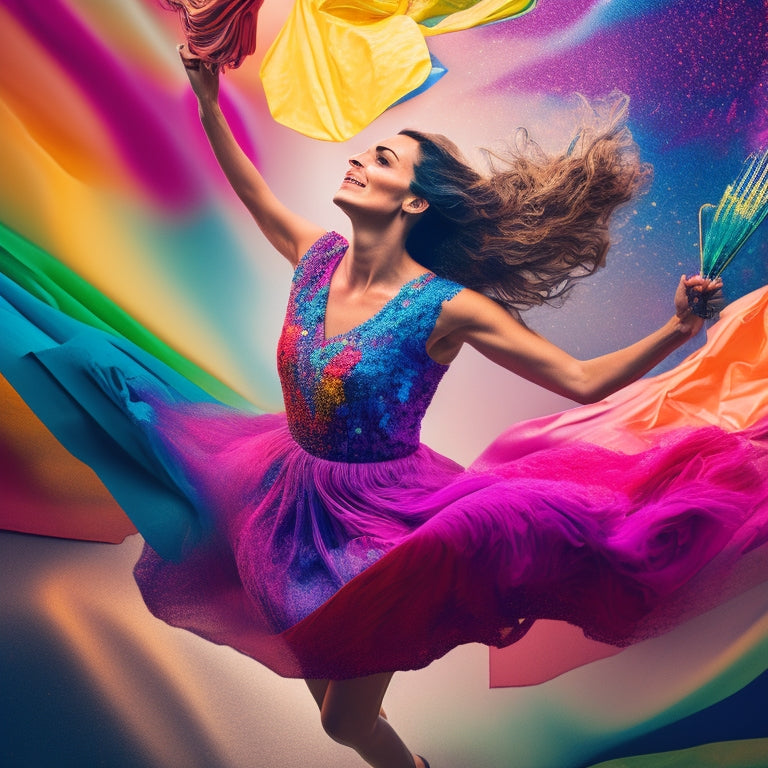 A vibrant illustration of a person (Sue Dancer) surrounded by swirling, colorful paper sheets and printmaking tools, with a subtle sparkle effect to convey enthusiasm and creativity.