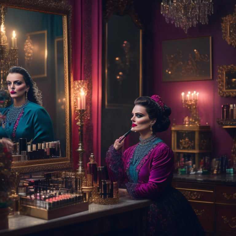 A dimly lit, luxurious makeup studio with velvet drapes, ornate mirrors, and rows of colorful cosmetics, featuring Andrea Kozma surrounded by brushes, palettes, and half-finished masterpieces.